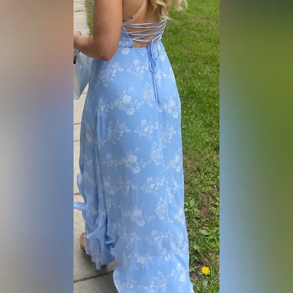 Light Blue Floral Lace-up High-low Maxi Dress - Size S - Picture 3 of 3